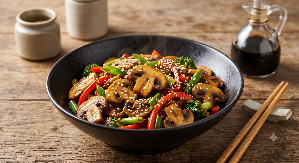 Salteado oriental de champiñón crimini